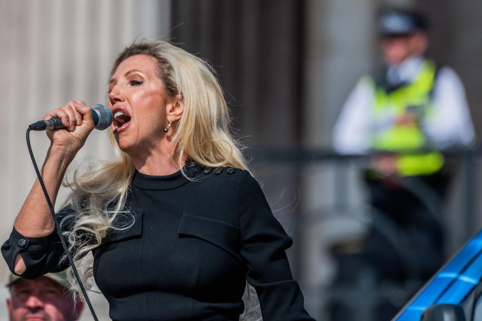 Kate Shemirani speaking at a COVID-19 conspiracy protest in Trafalgar Square.
