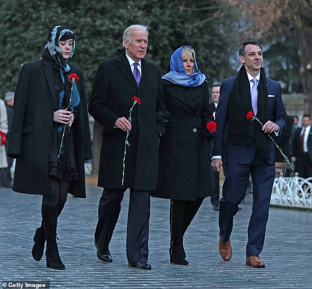 Then VP Joe Biden (2nd L), his wife Dr. Jill Biden (2nd R), his granddaughter Naomi Biden (L) and his son in law Howard Krein (R) leave carnations in front of Obelisk, where a terror attack took place in Istanbul in 2016