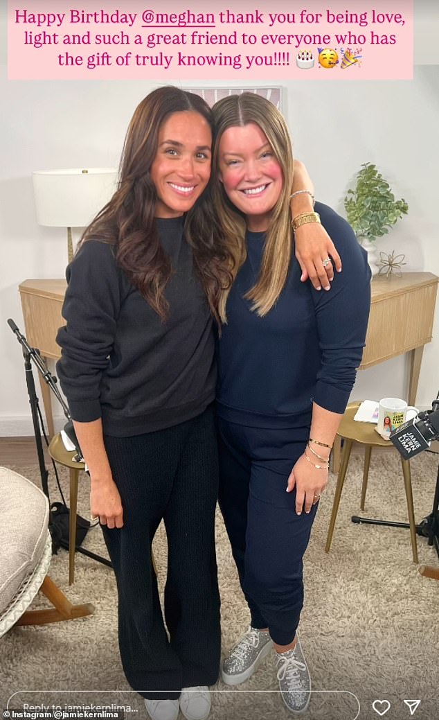 Meghan Markle's closest friends, including Jamie Kern Lima, pictured with the Duchess, have marked her 44th birthday with a series of gushing tributes shared to social media