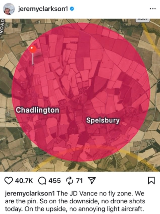 On Instagram, Clarkson said that the one mile no fly zone around Vance's Cotswolds manor house rental is preventing Amazon Prime drone cameramen from doing their job