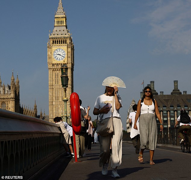People shielding themselves from the sun in London as the UK is battles its fourth heatwave with health alerts in force amid water shortages in England