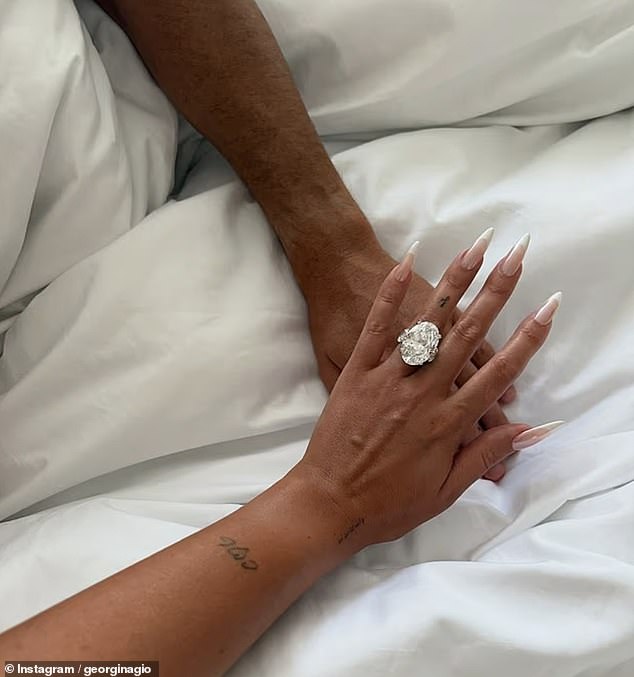 Georgina and Cristiano revealed the happy news via Instagram, where she showed off her sizable engagement ring (pictured)