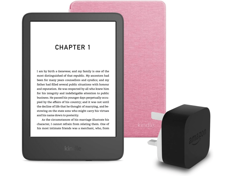 Kindle e-reader with pink case and charger.