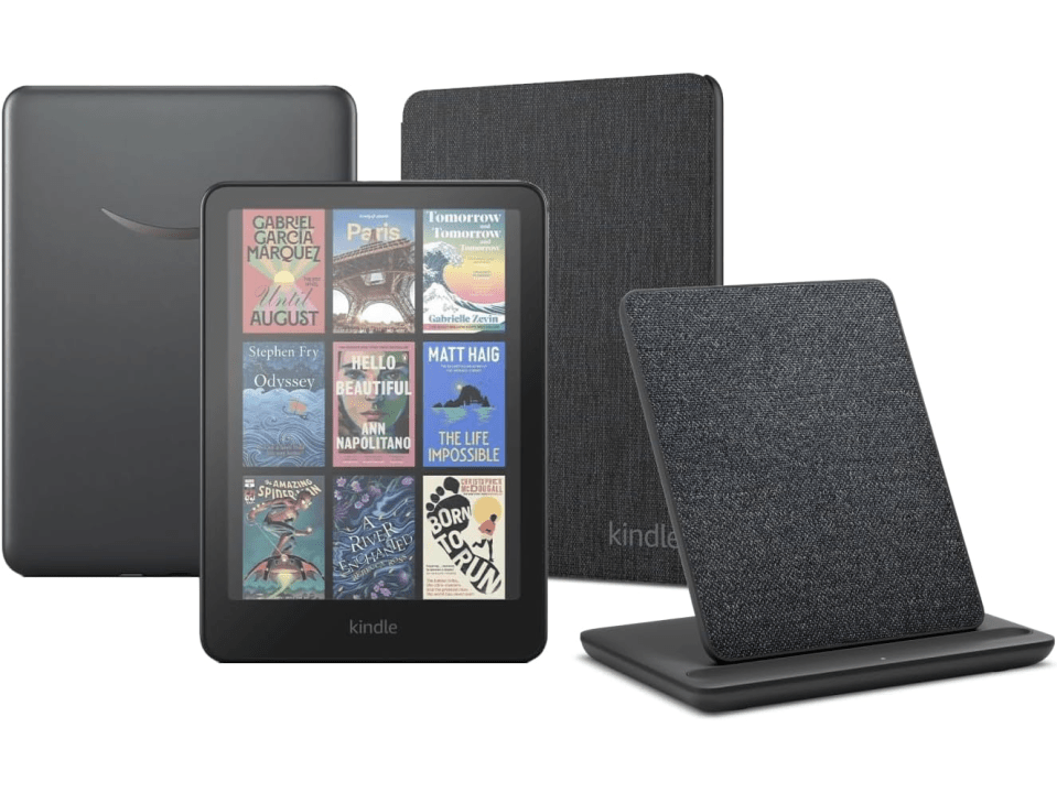 Kindle e-reader with cover and charging stand.