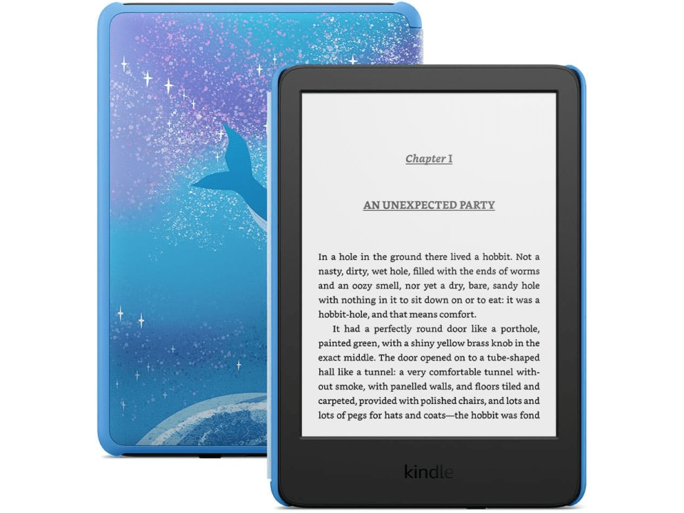 Kindle e-reader displaying the beginning of "An Unexpected Party."