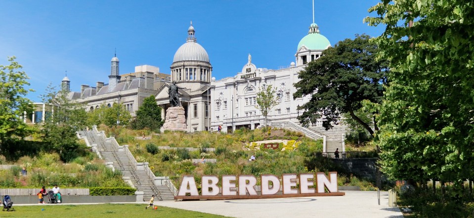 His Majesty's Theatre and Aberdeen sign in Union Terrace Gardens.