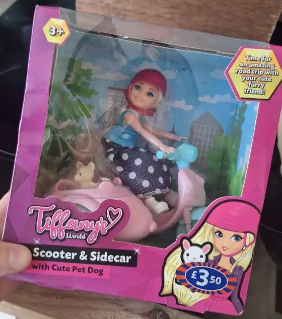 Tiffany's World scooter and sidecar toy with doll and pet.