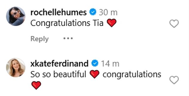 Tia also had congratulation messages of fans as well as Rochelle Humes and Kate Ferdinand