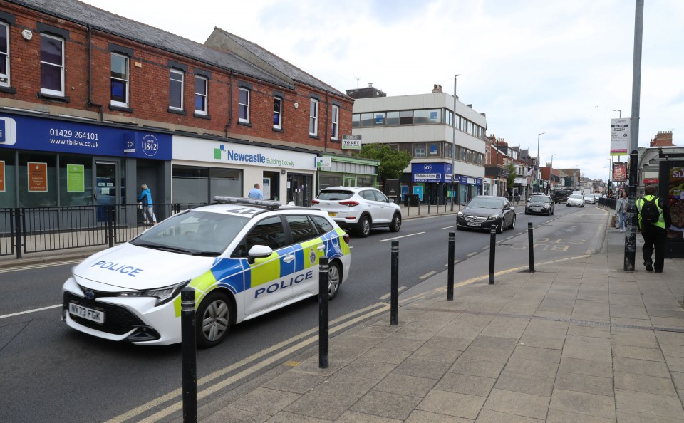 A police car parked on a town street.