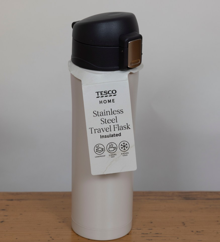 Insulated stainless steel travel flask.
