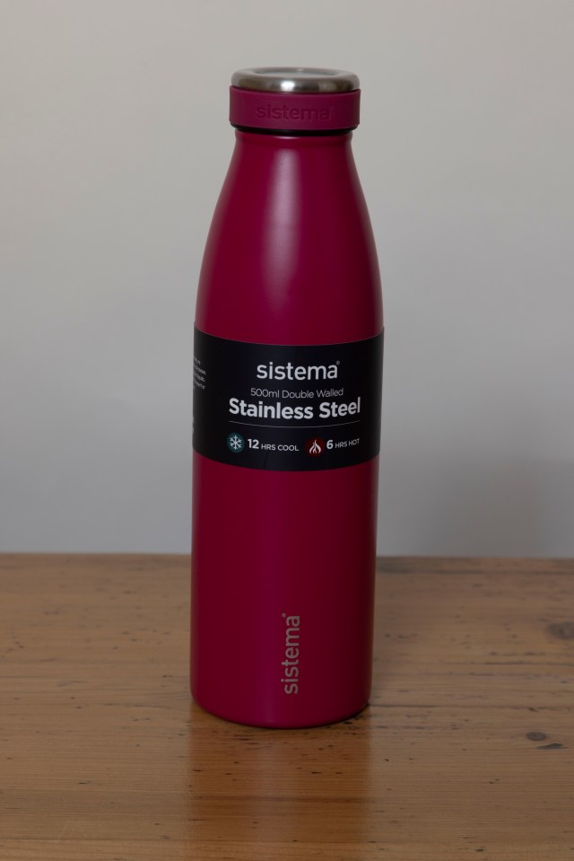 Pink Sistema 500ml double-walled stainless steel water bottle.