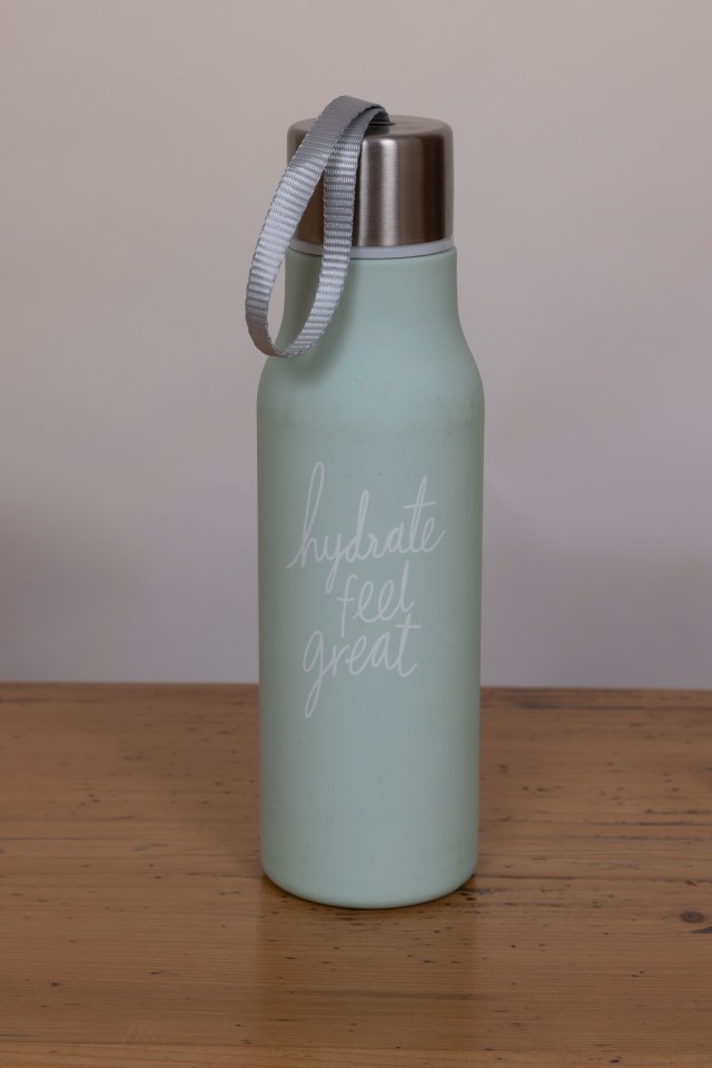 Light green insulated water bottle with "hydrate feel great" text.