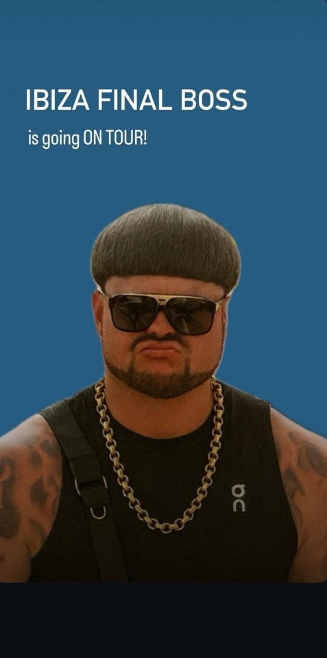Ibiza Final Boss tour announcement featuring a man with a bowl cut and gold chain.