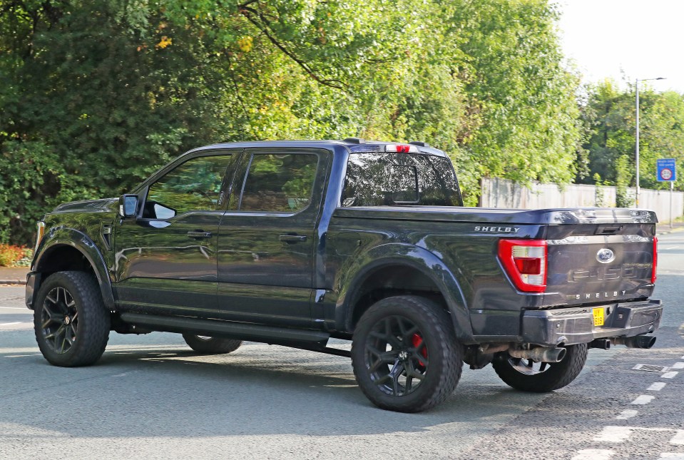 Rear view of a dark gray Ford F350 Shelby truck.