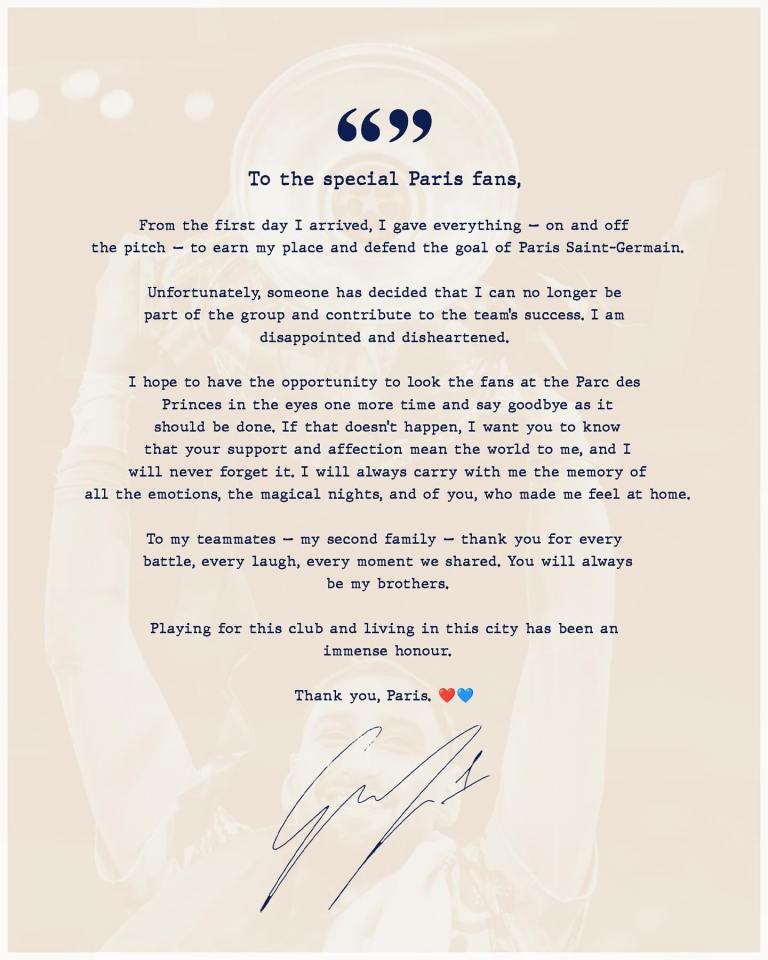 Gianluigi Donnarumma's farewell letter to Paris Saint-Germain fans.
