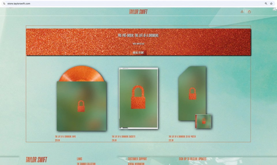 Screenshot of Taylor Swift's website showing pre-order options for her album "The Life of a Showgirl," including vinyl, cassette, and CD with poster.