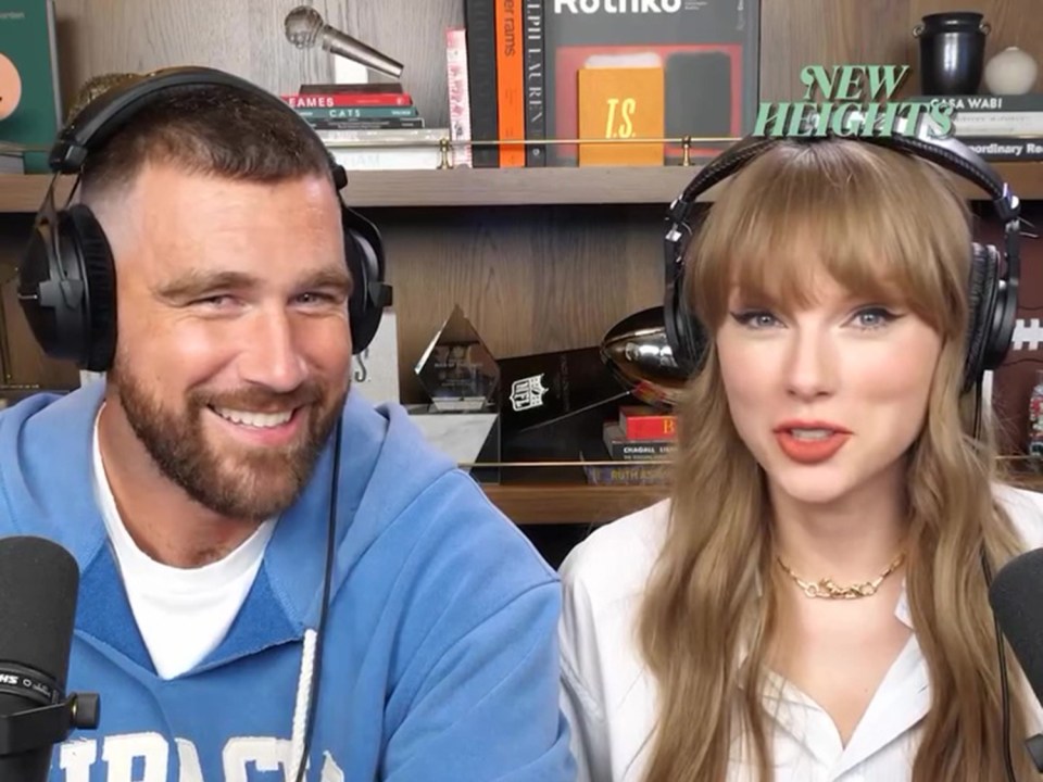 Taylor Swift and Travis Kelce on the New Heights podcast.