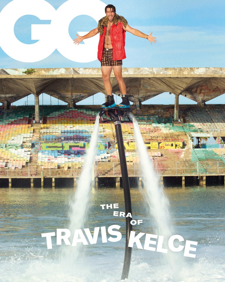 Travis Kelce on GQ's September cover, flyboarding.