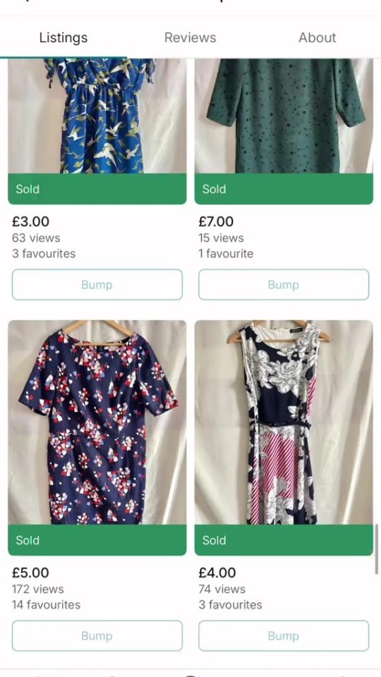 Screenshot of four sold dresses listed online, showing price, views, and favorites.
