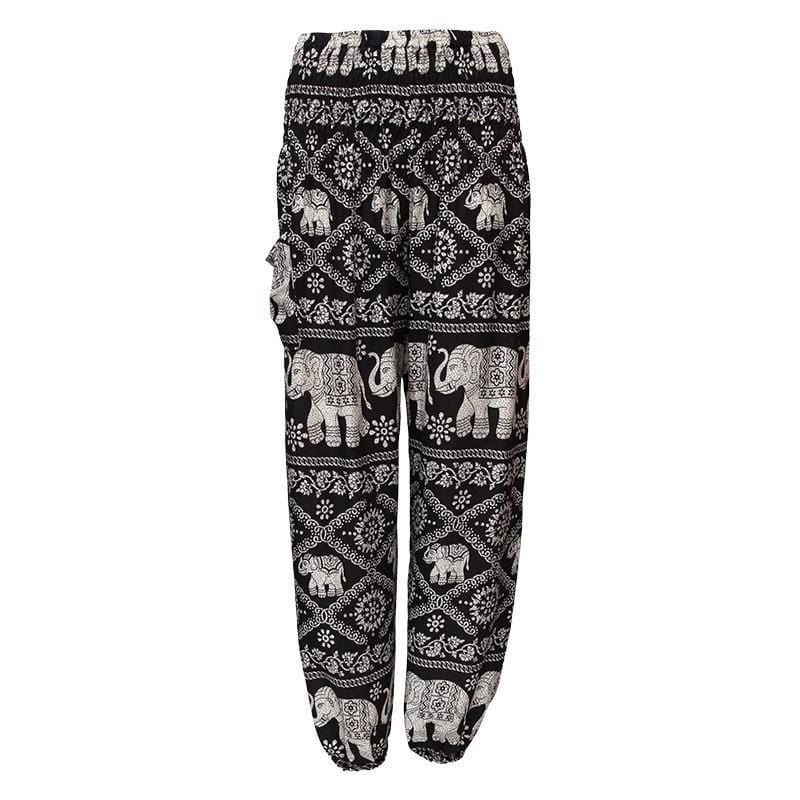 Black harem pants with an elephant print.