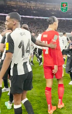 Isak shared an embrace and an exchange with Virgil van Dijk after the Carabao Cup final