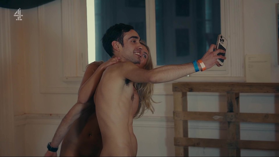 Screenshot from Channel 4's "1,000 Men and Me: The Bonnie Blue Story," showing a man and woman embracing and taking a selfie.