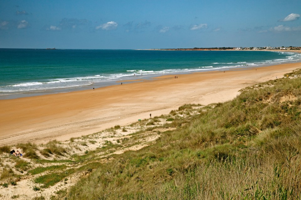 Beach scene with people on the sand and ocean in the background.