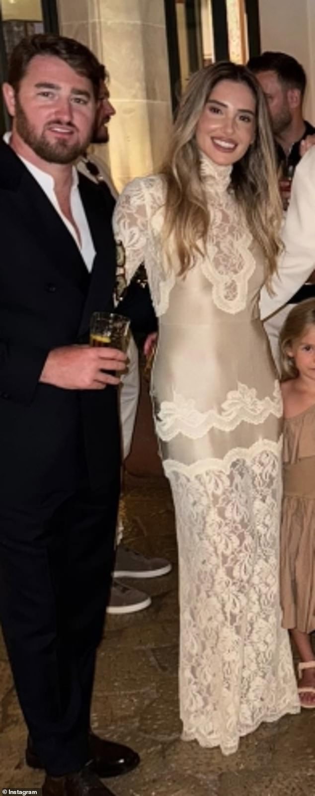 Ahead of the ceremony Tia and Harry, who live in Dubai and share their three-year-old son Alba, threw a bash to welcome their guests (Tia and Harry pictured)