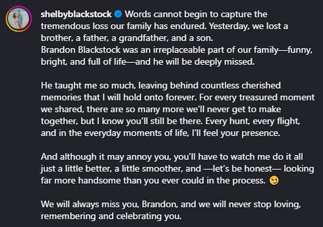 He also opened up about the 'tremendous loss our family has endured' and called Brandon an 'irreplaceable part of our family'