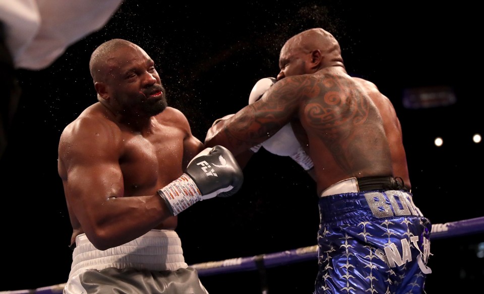 Dillian Whyte knocking out Derek Chisora in a heavyweight boxing match.