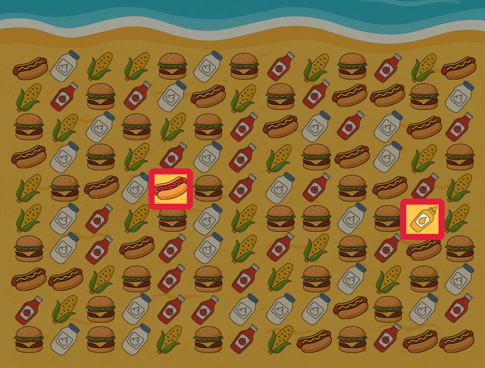 Illustration of a Where's Waldo-style game featuring a hot dog without mustard and a mustard bottle hidden among burgers, hot dogs, corn, and ketchup bottles.