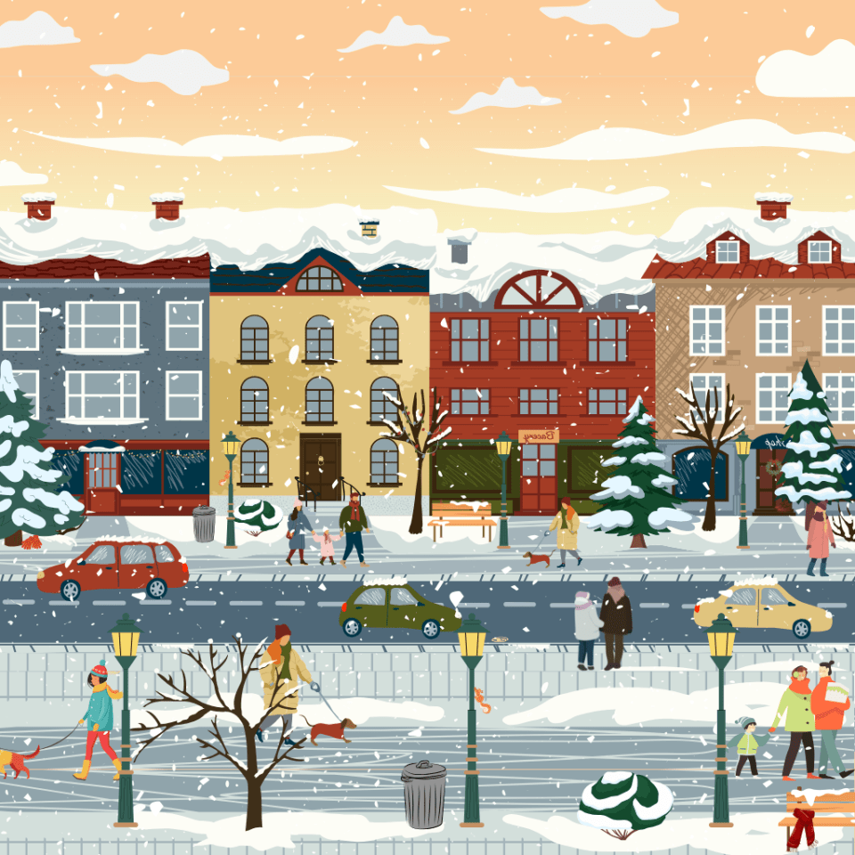 Illustration of a snow-covered town street with people walking and cars driving.