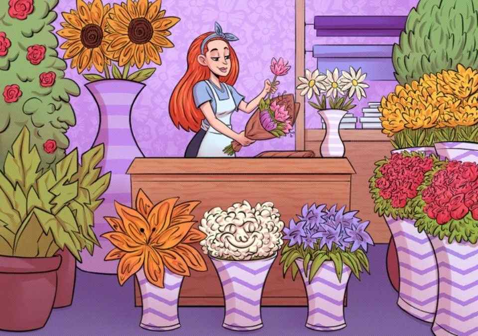 Illustration of a florist arranging flowers in her shop.