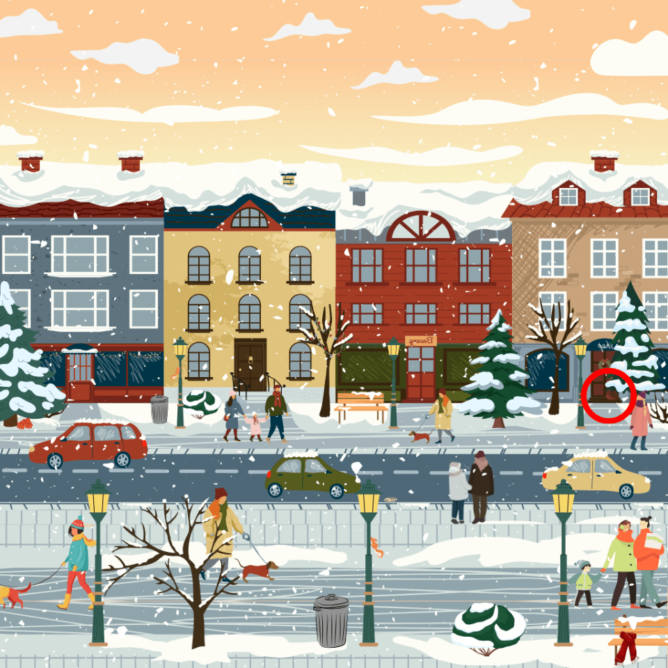 Illustration of a snowy town street scene.
