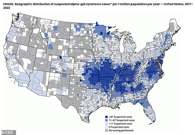 The above map shows where alpha-gal syndrome cases have been reported in the US between 2017 and 2022