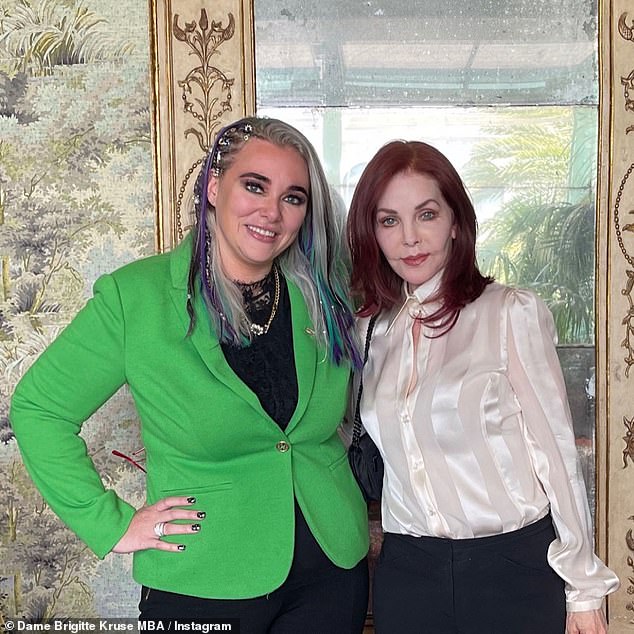 Elvis Presley's widow, 80, is being sued by former business partners Brigitte Kruse (pictured 2021) and Kevin Fialko, who allege she 'masterminded' a scheme to defraud them and exploited Lisa Marie's 2023 death - which Presley slammed as 'shameless and salacious'
