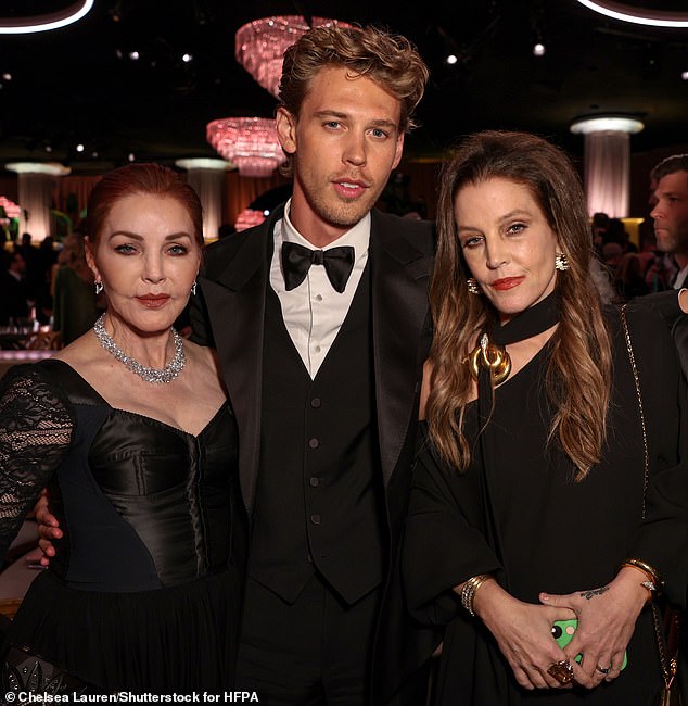 Priscilla and Lisa Marie are pictured with Elvis star Austin Butler at the 2023 Golden Globes