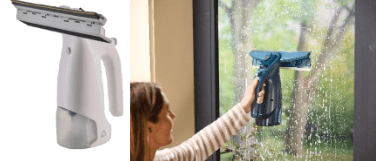 A window cleaning tool and a person using it to clean a window.