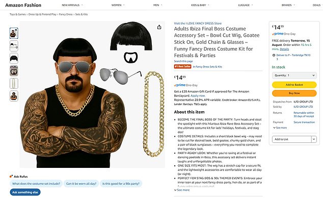 An Ibiza Final Boss costume is available on Amazon, featuring a beard, wig, gold chain and sunglasses all for £14.99