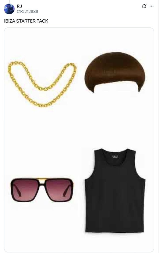 An 'Ibiza starter pack' meme shows Kay's distinctive gold chain, sunglasses, black vest - and of course, the haircut