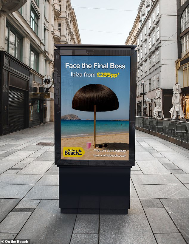 On the Beach has unveiled new adverts featuring the haircut disguised as a parasol on an idyllic beach - cashing in on the meme