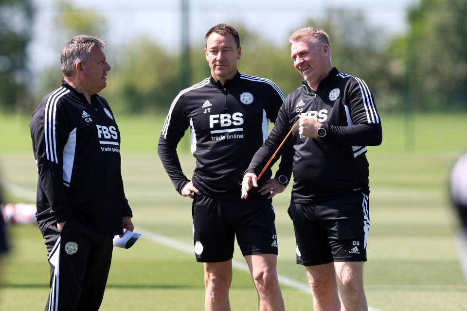 Leicester City manager Dean Smith with coaches John Terry and Craig Shakespeare at training.