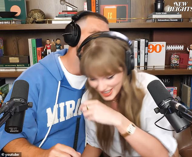 Kelce affectionately kissed Swift on the head as she took a moment to regain composure