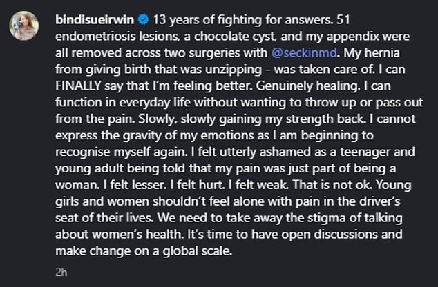 The Wildlife Warrior shared a heartbreaking post to Instagram on Thursday, and revealed she had two surgeries to treat her ruptured appendix and endometriosis