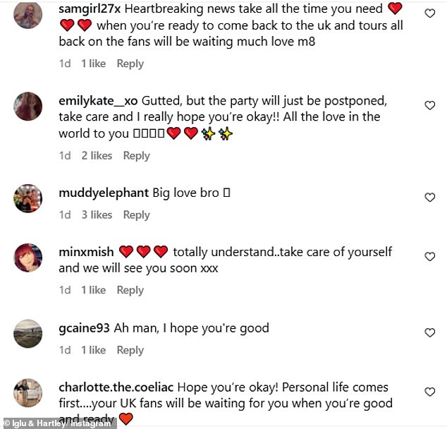 The post was met with plenty of comments from their fans sharing their upset that the tour had been cancelled, while also expressing their understanding