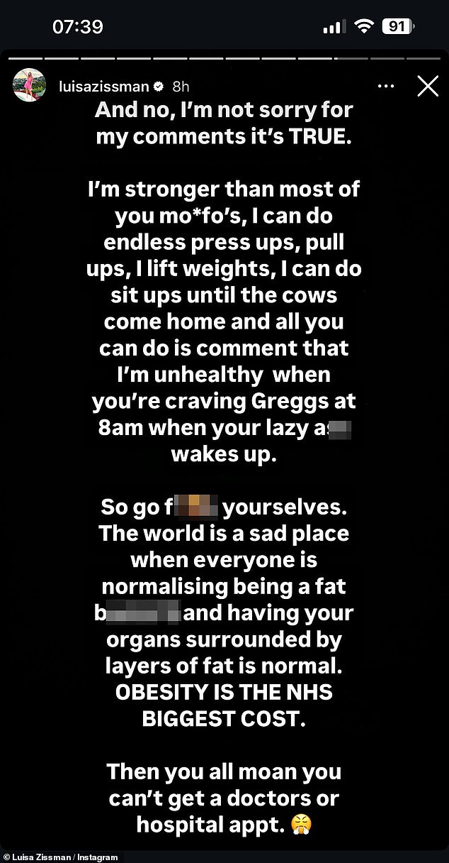 The Apprentice star, 38, took to Instagram on Wednesday to hit back at her critics with the rant, in which she spoke about the strain on the NHS
