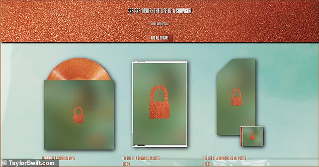 Once Swift's website was back online, it had transformed into a 'pre pre-order' store for the upcoming album. She was selling $30 orange-and-gold-glitter vinyl records, $13 CD-and-poster combos and $20 cassettes for retro-minded fans
