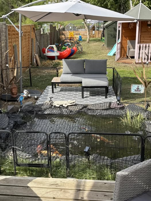 Koi pond in a backyard with patio furniture and a children's play area in the background.