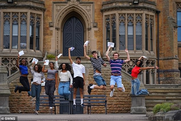 Nottingham High School students Sienna, Farah,Thaamvi, Issa, Krish,Joe,Will, and Nitha celebrate after receiving their A Level results