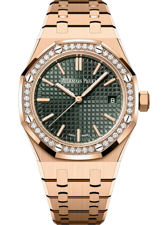 Audemars Piguet Royal Oak diamond-bezel watch with green dial.